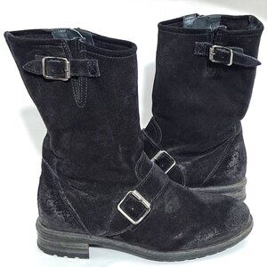Paul Green Black Suede Distressed Moto Fall Boots Zipper Buckle